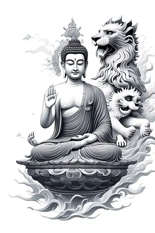 buddha floating and chinese lions tattoo design idea