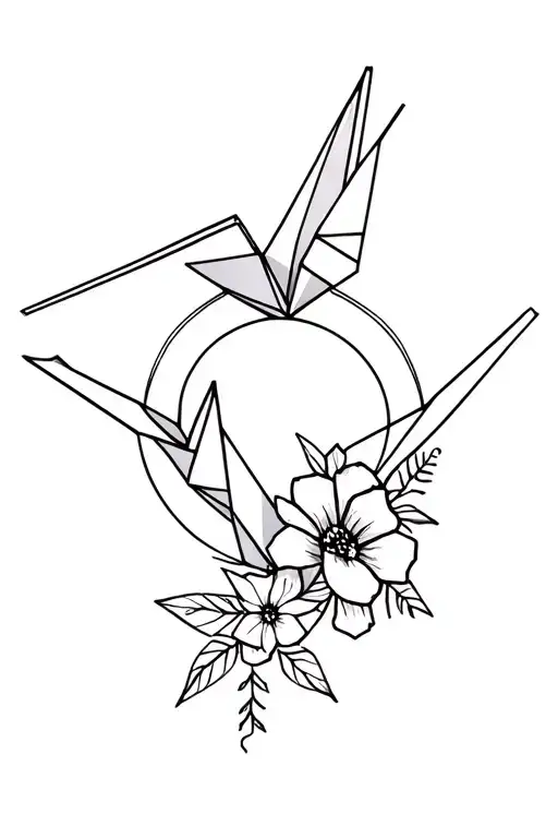 paper crane with geometric circles and florals 2D tattoo design idea