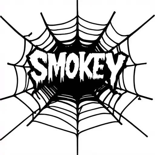 realistic spider web with the word "SMOKEY" in scary 3D text in the middle with webs attached to it tattoo design idea