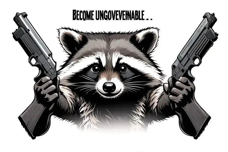 "Become ungovernable " raccoon holding guns tattoo design idea