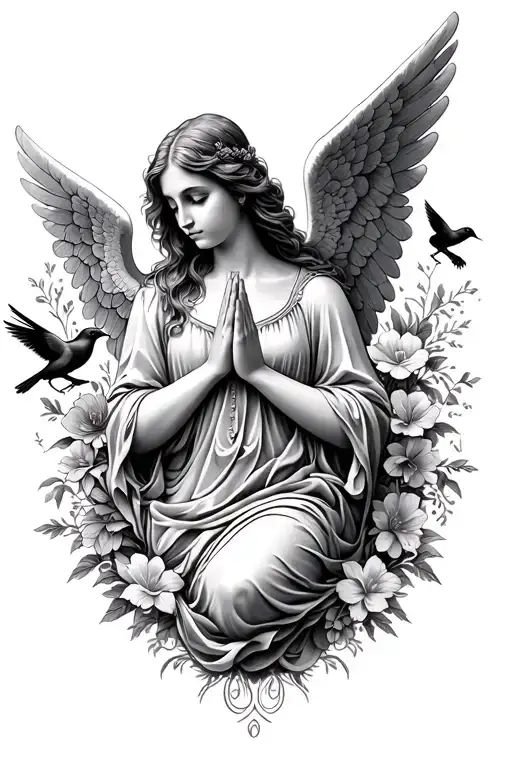 female angel praying surrounded by floral patterns and birds tattoo design idea