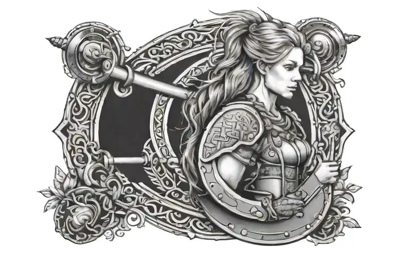 shield maiden turned to the side holding a barbell with Norse symbols representing power and strength incorporated  tattoo design idea
