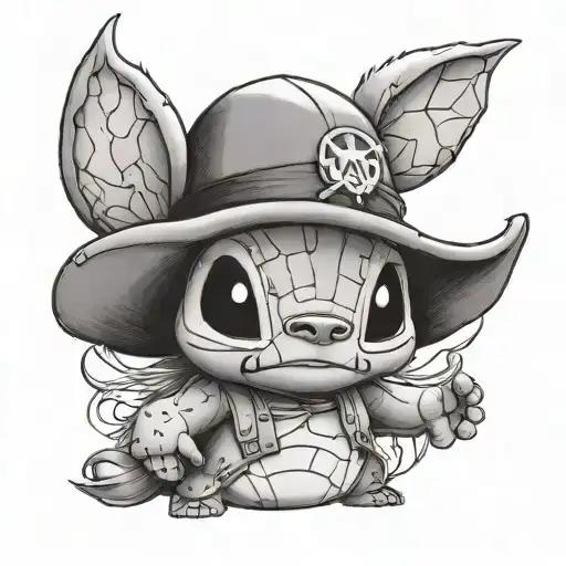 stitch from lilo and stitch wearing the hat of portgas D ace from the anime series one piece  tattoo design idea