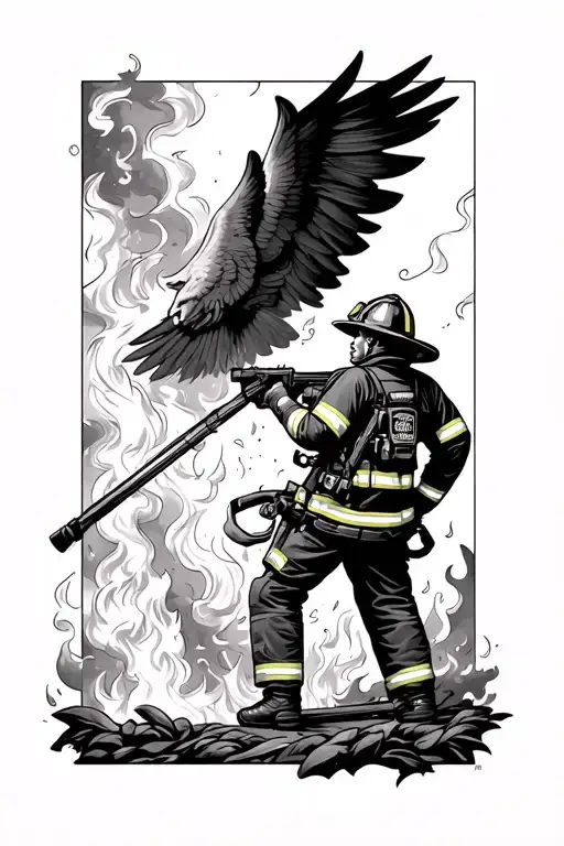 firefighter surrounded by fire watched over by an angle tattoo design idea