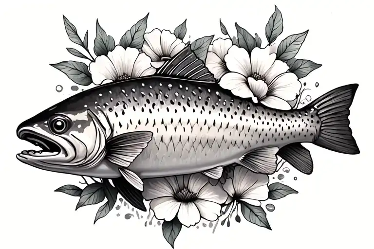 rainbow trout with Poppi flowers tattoo design idea