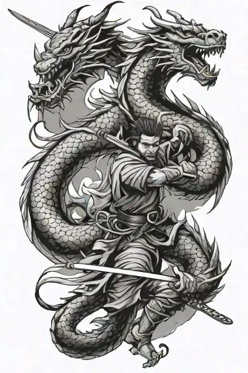 Dragon and Samurai warrior wielding tattoo design idea