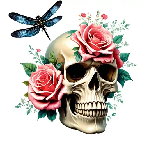 roses skull dragonfly landing tattoo design idea