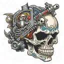 skull biting a battery level tattoo design idea