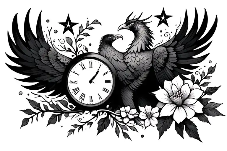 Single line drawing of phoenix with clock surrounded by flowing fine line flowers and leaves and stars on the left and r tattoo design idea