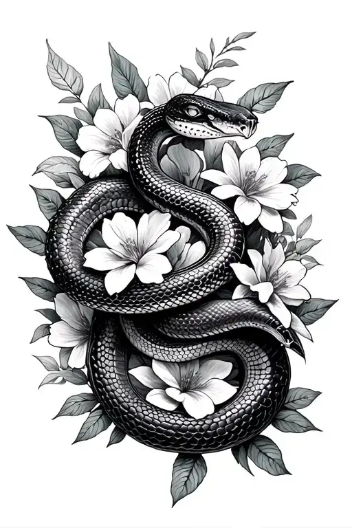 snake , a lot of flowers, bible verse written tattoo design idea