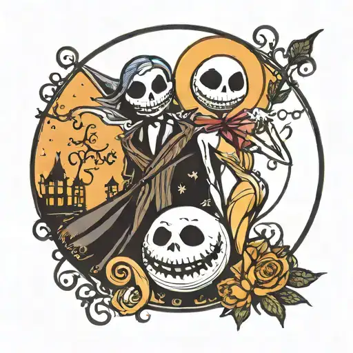Nightmare Before Christmas jack, sally, zero, oogie boogie, moon in back  tattoo design idea