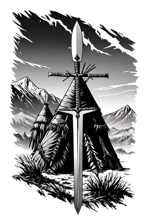 teepees mountain scene warriors virtical sword tattoo design idea