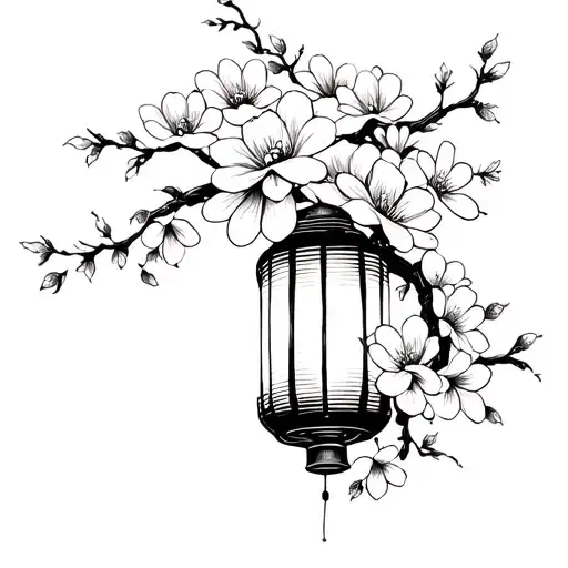 japan lantern wrapped in flowers. Black and white tattoo design idea