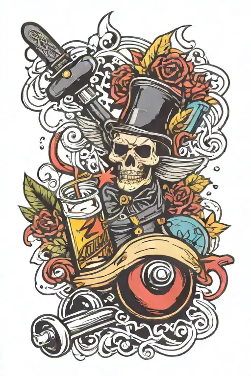 create tattoo in the new school style, with elements of skateboarding, Anarchist, rock roll, alcoholic drinks, RP tattoo design idea