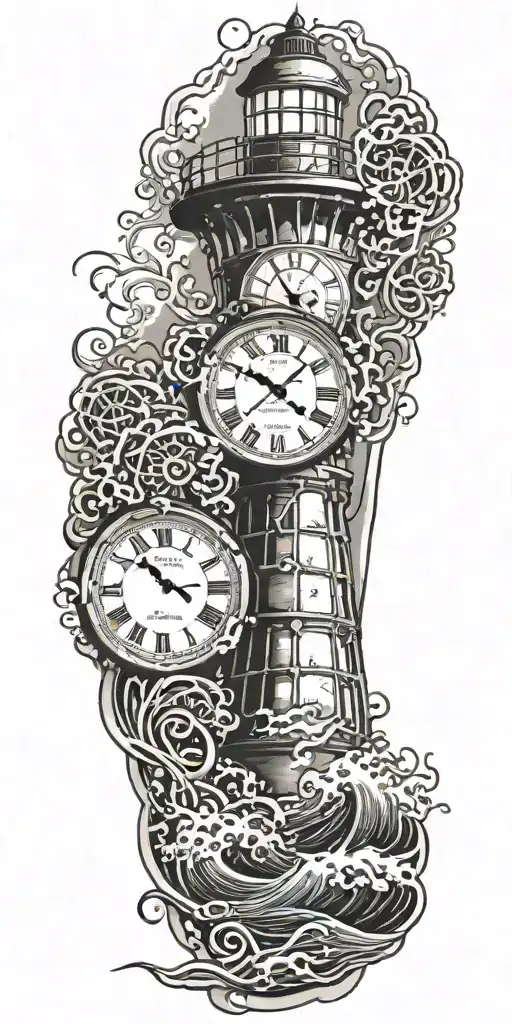 lighthouse waves crashing clock and jelly fish tattoo design idea