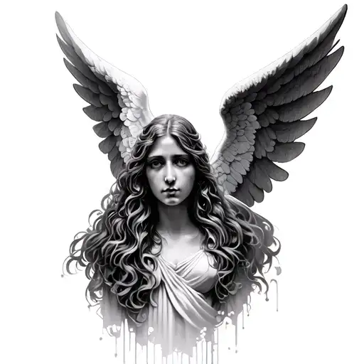 loss  grief portrait face wings spread wide angel tattoo design idea