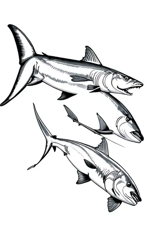 Great white shark and striped bass fish swimming tattoo design idea
