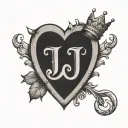 letter J with a heart around it and a crown tattoo design idea