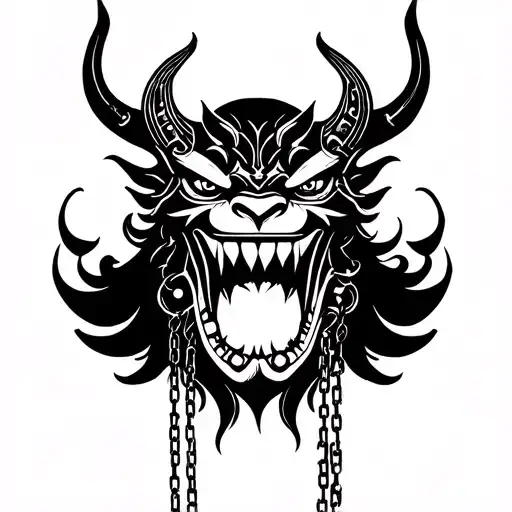 Japanese hannya oni demon tattoo with chains hanging from the mouth tattoo design idea