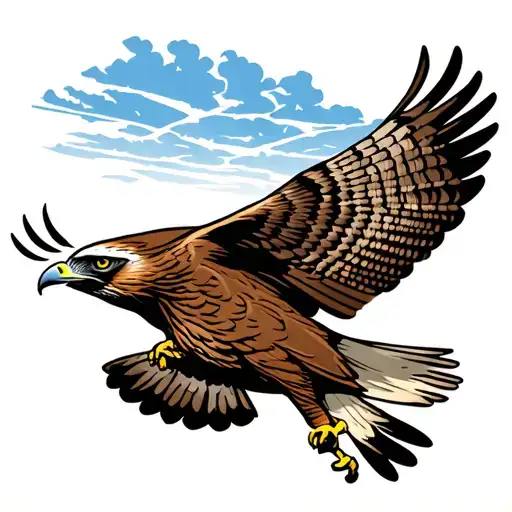 old school tattoo of red tailed hawk in flight overtop farm land surrounded by border tattoo design idea