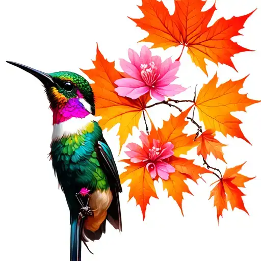 maple leaf sakuras tree growing colibri and spider  tattoo design idea