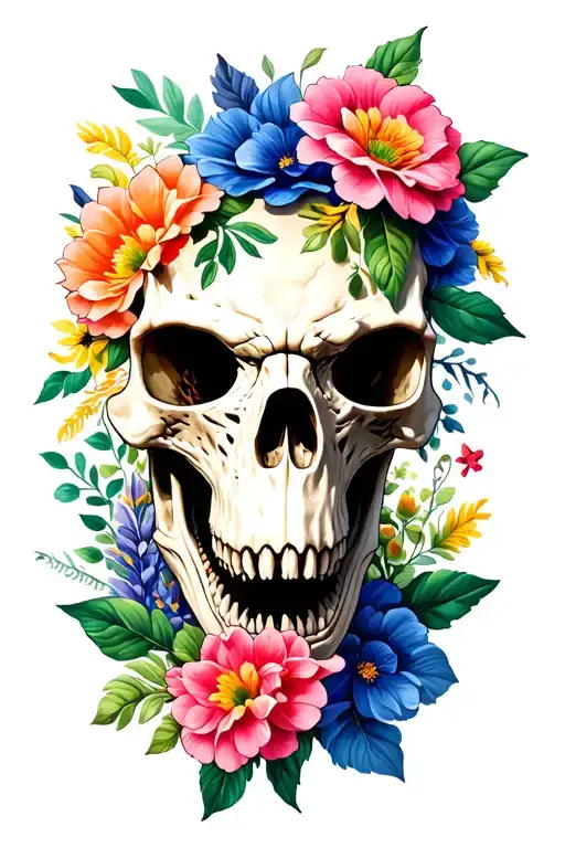 trex skull head with flowers tattoo design idea