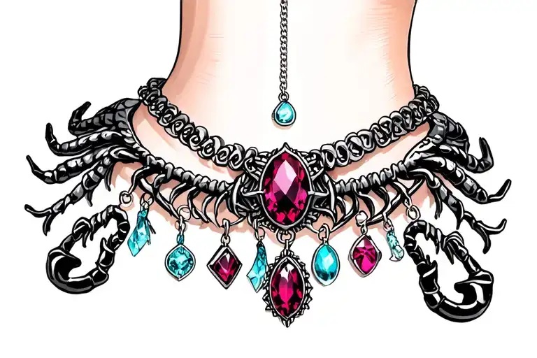 anklet with a ruby, topaz, turquoise, and scorpion charms hanging tattoo design idea