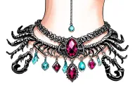 anklet with a ruby, topaz, turquoise, and scorpion charms hanging tattoo design idea
