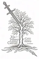 cross tree sword intertwined w quote "you carry what you can alone" tattoo design idea