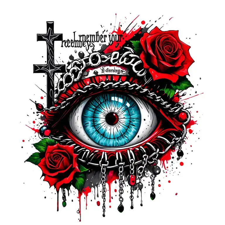 "I remember your eyes" The cross on which is painted by a light blue eye inside the pupil of which "wind rose", jewelry: chains, roses, skulls tattoo design idea