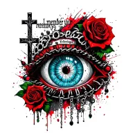 "I remember your eyes" The cross on which is painted by a light blue eye inside the pupil of which "wind rose", jewelry: chains, roses, skulls tattoo design idea