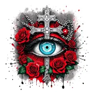 "I remember your eyes" The cross on which is painted by a light blue eye inside the pupil of which "wind rose", jewelry: chains, roses, skulls tattoo design idea