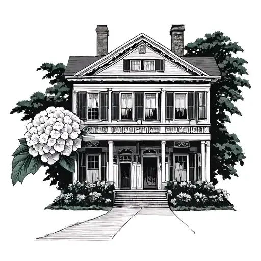The Glen manor house in Portsmouth Rhode Island. I want the outline of the building and two hydrangeas  tattoo design idea