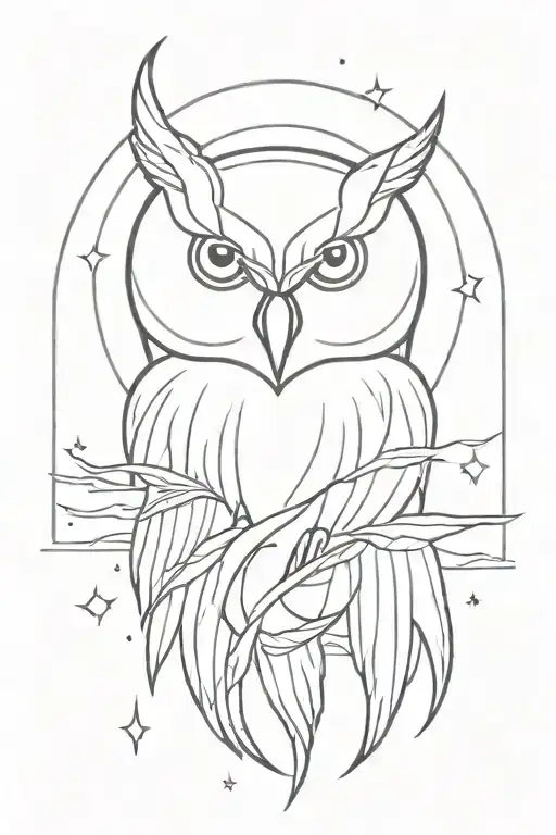 half owl head tattoo with minimalist and clean lines sun rays and lightning in the background tattoo design idea