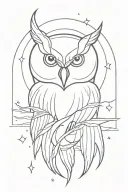 half owl head tattoo with minimalist and clean lines sun rays and lightning in the background tattoo design idea