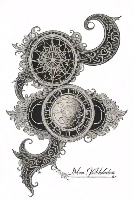 Gothic inspired moon phases with intricate Greek key patterns intertwined tattoo design idea