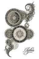 Gothic inspired moon phases with intricate Greek key patterns intertwined tattoo design idea