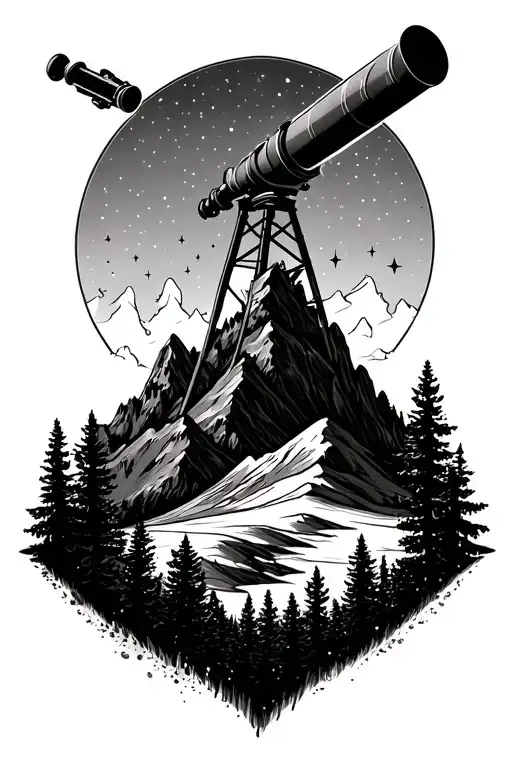 mountains, trees, stars, telescope tattoo design idea