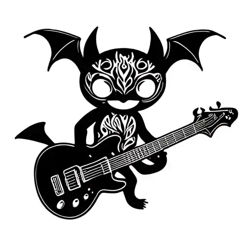 cute bat holding electric guitar tattoo design idea