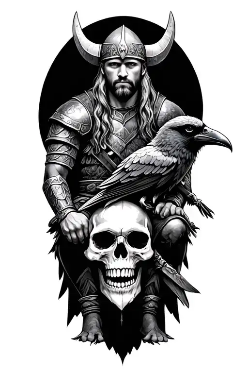 viking warrior with skull wearing and raven sitting tattoo design idea