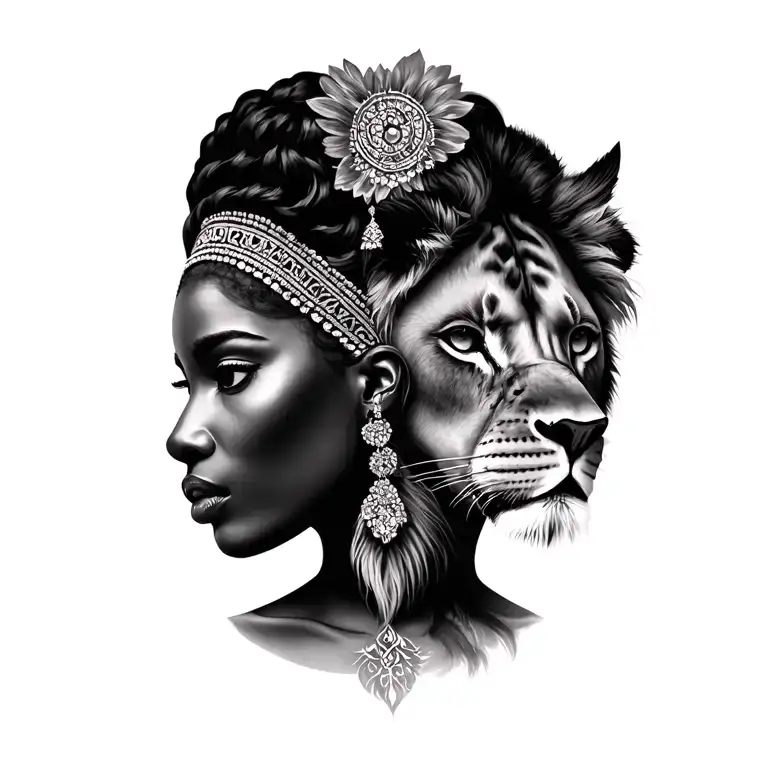 african queen and lioness face morphing tattoo design idea