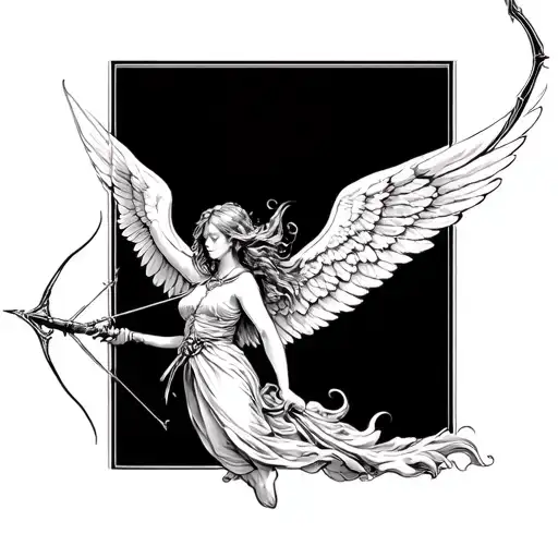 Fallen Angel with wings and Bow & Arrow shooting tattoo design idea
