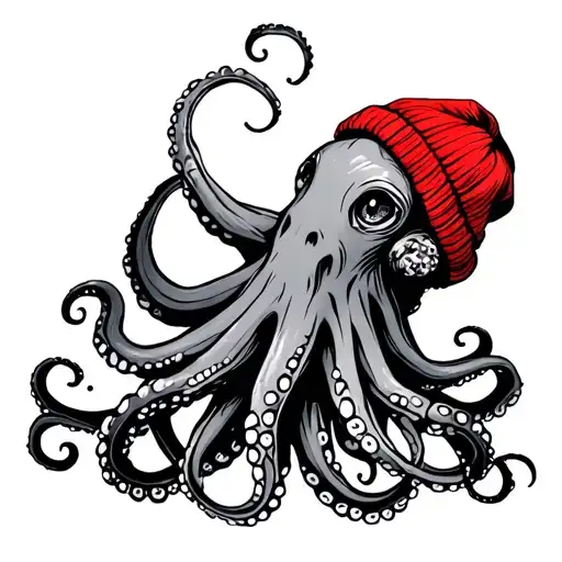 the style is like an illustration of an old book, an Octopus with 8 tentacles, a red beanie tattoo design idea