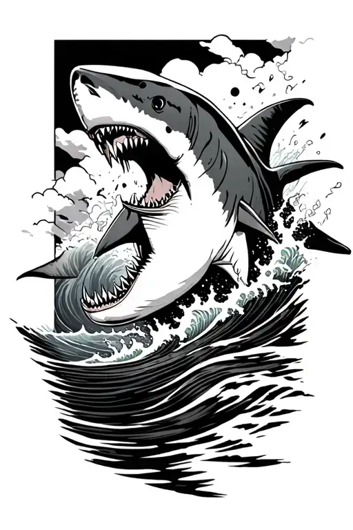 Shark swimming with waves crashing tattoo design idea
