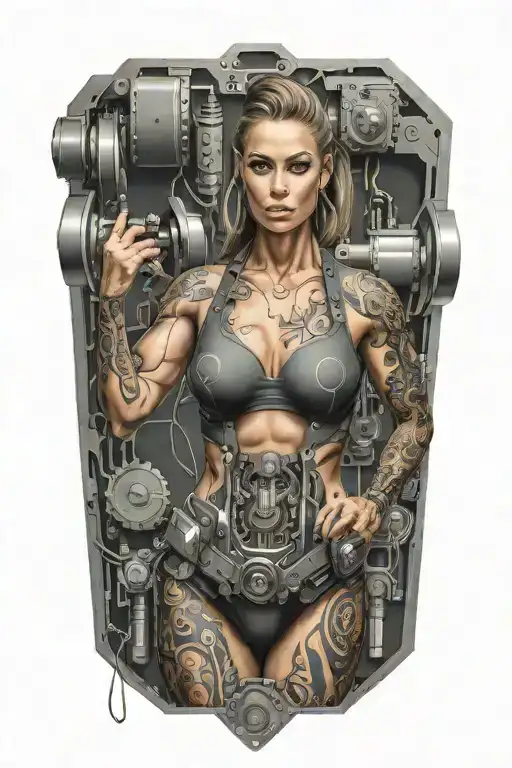technology circuits with bodybuilding muscled women merging tattoo design idea