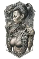 technology circuits with bodybuilding muscled women merging tattoo design idea