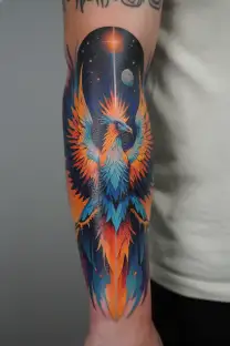 A cosmic phoenix emerging from space tattoo design idea