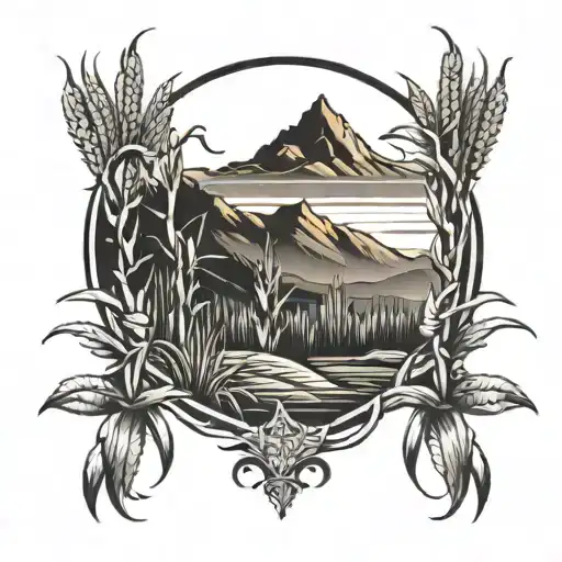 Busch Light Mountains, corn stalks, sunset tattoo design idea