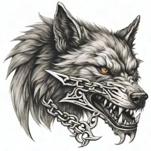 fenrir wolf sword that goes through the lower jaw to the upper jaw chained with a ribbon tattoo design idea
