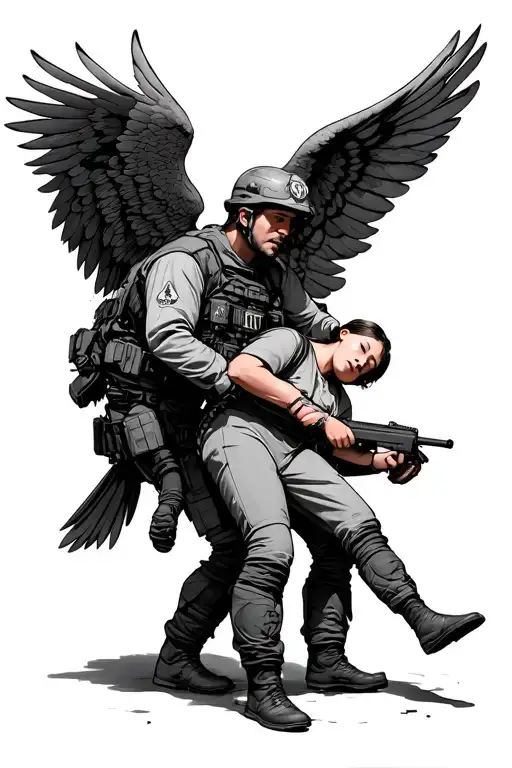 combat medic saving patient with angel guarding them tattoo design idea